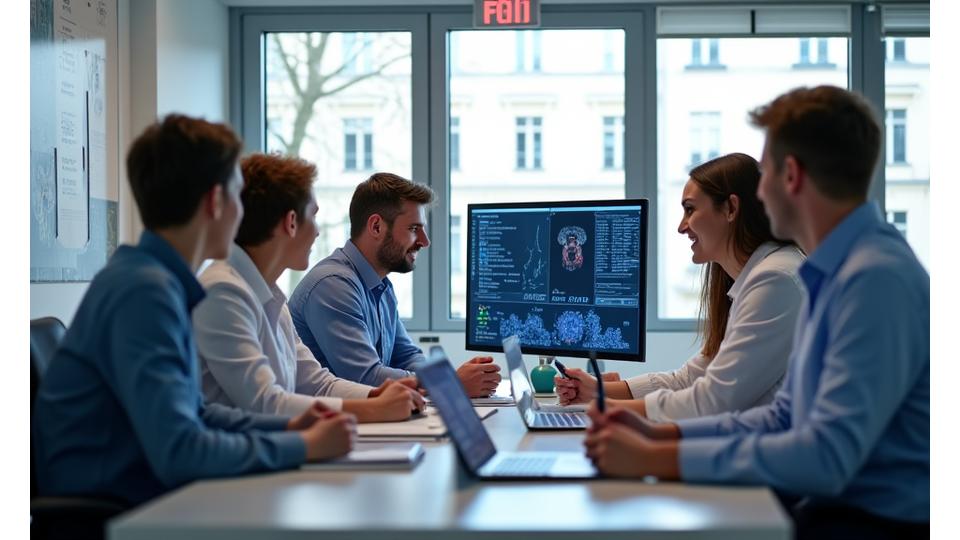 Illustration de l'équipe de Santé Lumina collaborant dans un bureau moderne à Paris, symbolisant la culture d'entreprise innovante, le télétravail flexible et les opportunités de carrière.