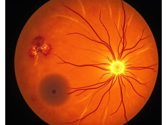 Image rétinienne avec détection IA d'hémorragie et d'occlusion vasculaire.