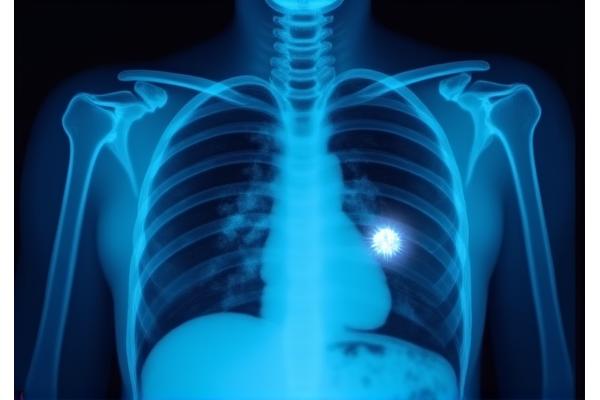 Exemple de radiographie thoracique avec des annotations IA détectant une pneumonie