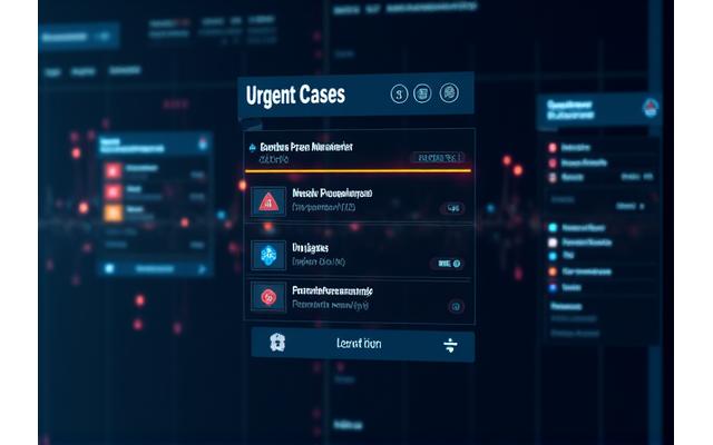 Tableau de bord simulé montrant des alertes visuelles pour des cas urgents comme un AVC ou un pneumothorax