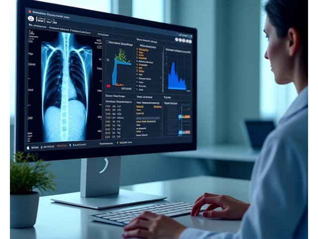 Interface d'analyse AI de Santé Lumina montrant une radiographie pulmonaire identifiant des anomalies avec des superpositions colorées.