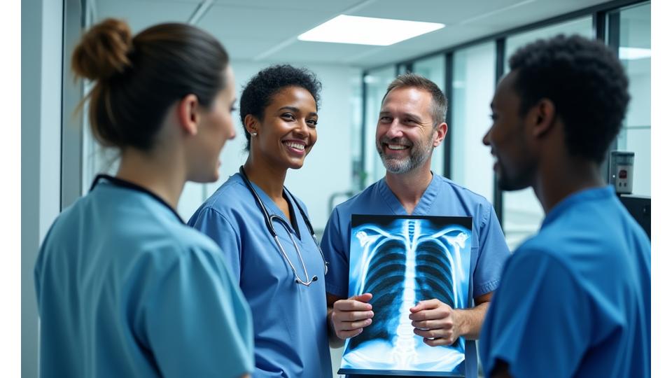Groupe de professionnels de la santé (médecins, radiologues) souriants et discutant devant un écran médical, symbolisant la collaboration et la satisfaction.