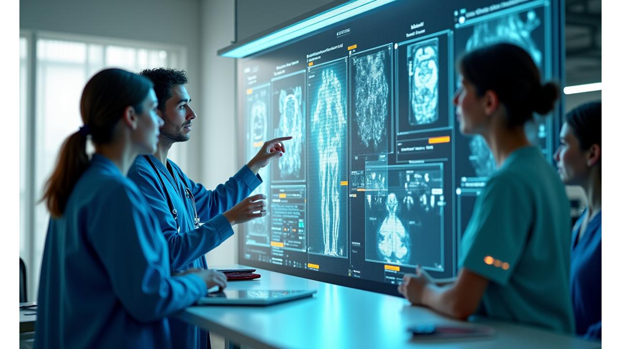 Équipe médicale consultant des données IA sur un écran