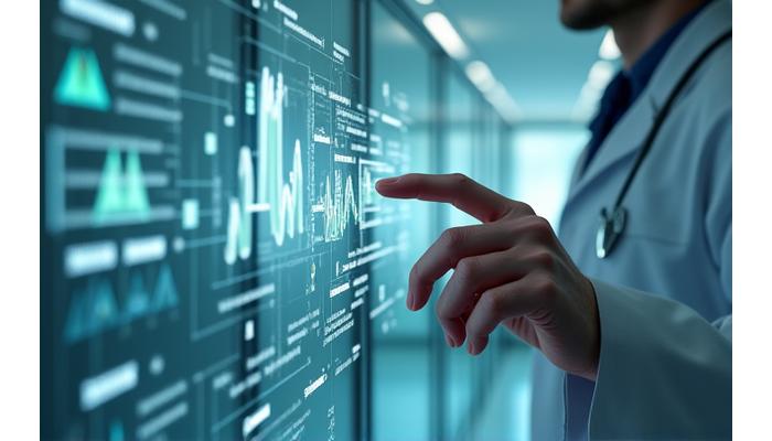 Illustration d'un workflow clinique où l'IA assiste le médecin en proposant des diagnostics différentiels et des scores de sévérité.