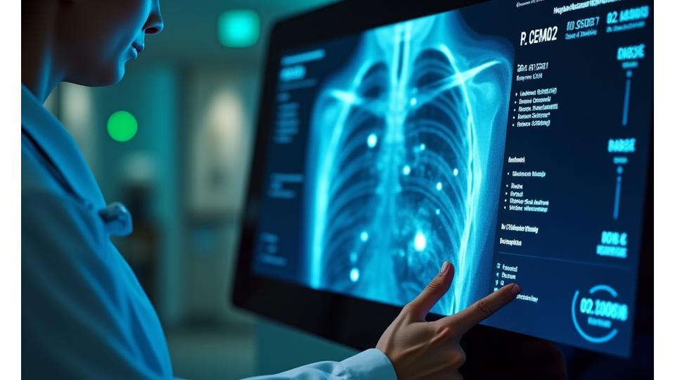 Interface utilisateur intuitive de diagnostic médical assisté par IA de Santé Lumina, affichant des données patient anonymisées et des métriques de précision.