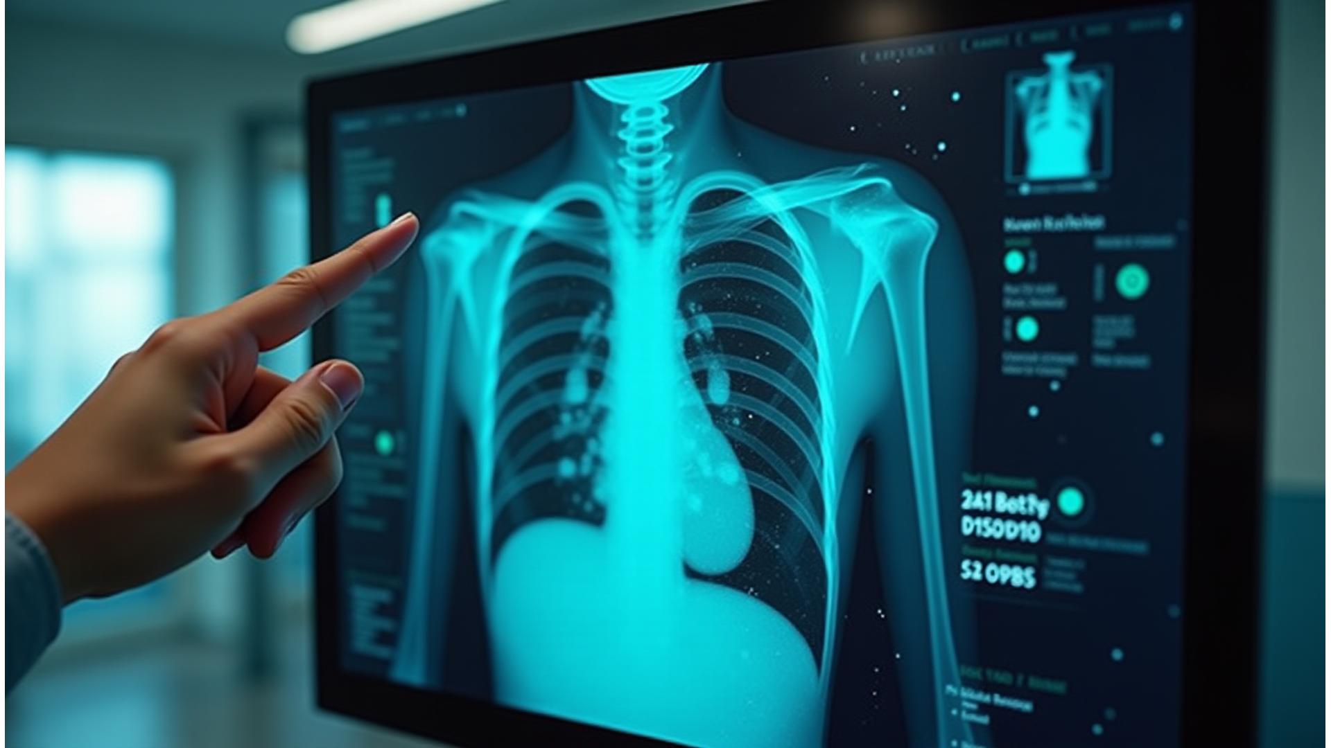 Interface d'intelligence artificielle Santé Lumina analysant une radiographie pulmonaire, avec des overlays numériques verts symbolisant le diagnostic assisté par IA.