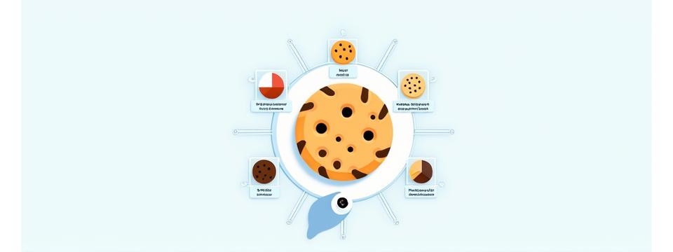 Illustration d'un grand cookie stylisé, entouré de petits graphiques circulaires et de toggles, représentant la gestion des préférences de cookies et l'analyse de données de manière transparente. Dominante de beige et de bleus clairs.