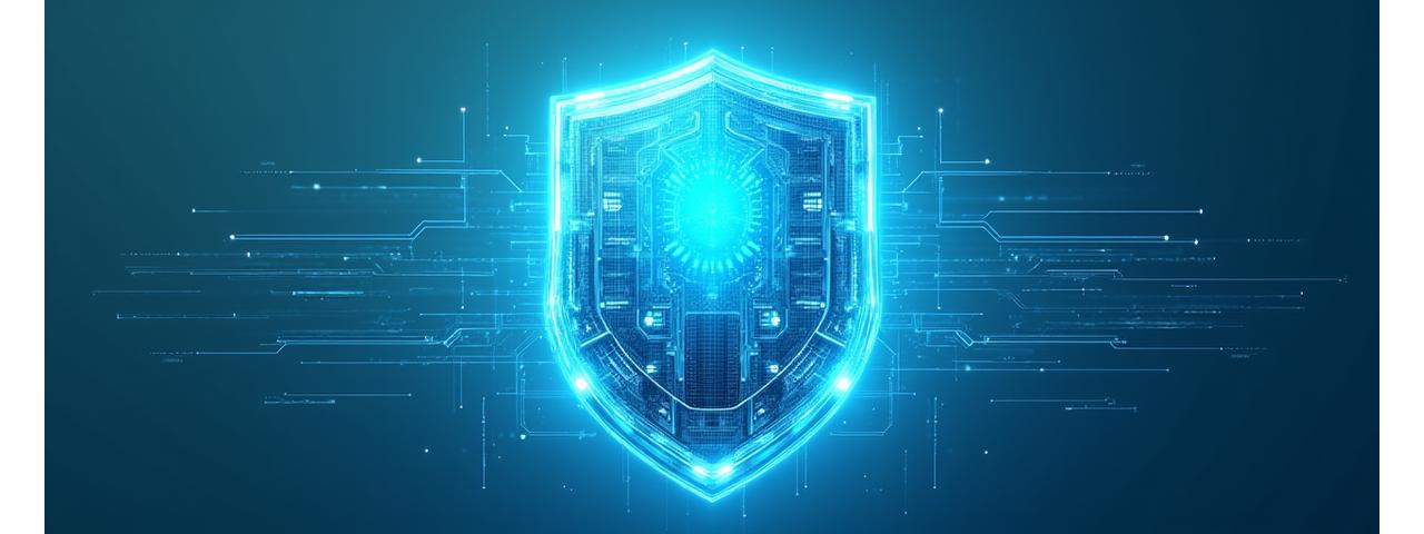 Un bouclier numérique abstrait et élégant, symbolisant la protection des données et la conformité au GDPR, avec des motifs de circuit et des signaux lumineux bleus et verts.
