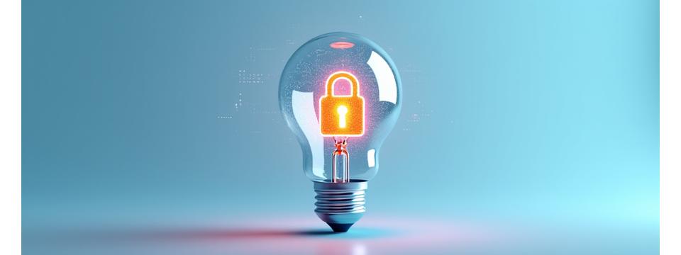 Illustration d'une ampoule lumineuse stylisée en verre, avec des circuits imprimés internes et un petit cadenas, symbolisant l'innovation protégée (brevets, droits d'auteur) sur un fond dégradé de blanc et de bleu clair.