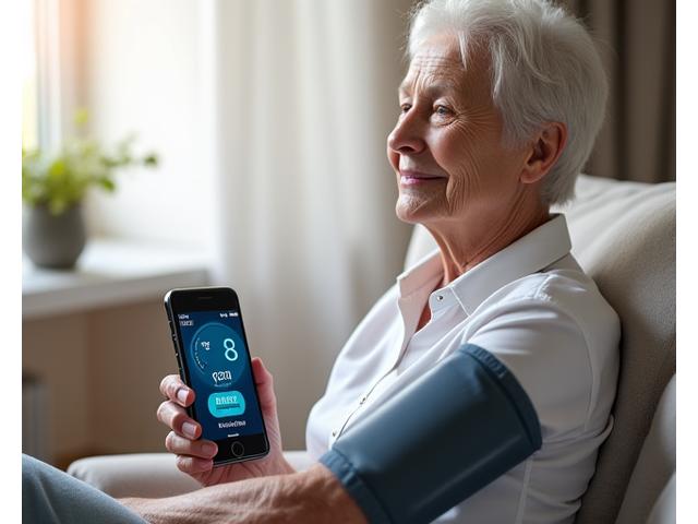 Personne âgée souriante mesurant sa tension artérielle avec un appareil connecté, et un smartphone affichant des données de santé
