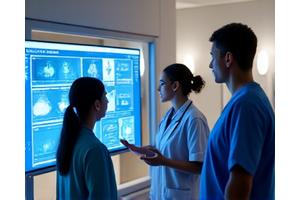 Équipe soignante multidisciplinaire collaborant via un écran de télémédecine