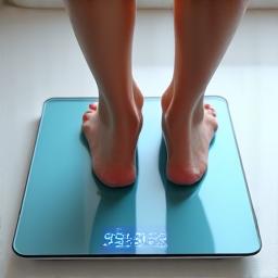Balance intelligente affichant le poids et l'IMC.