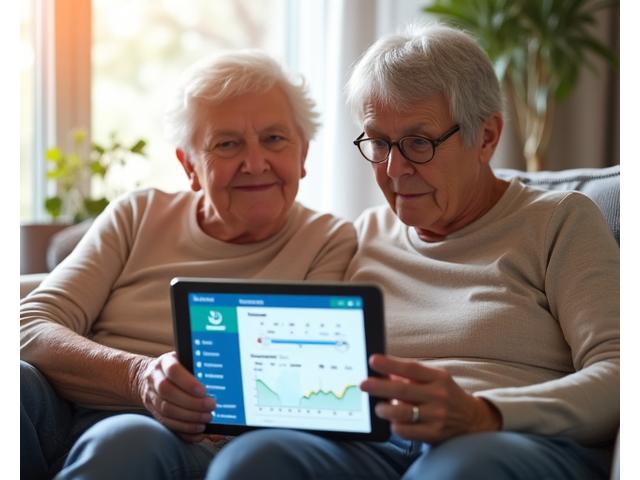Deux personnes (un aidant et un proche) consultant des données de santé sur une tablette, souriantes et rassurées.